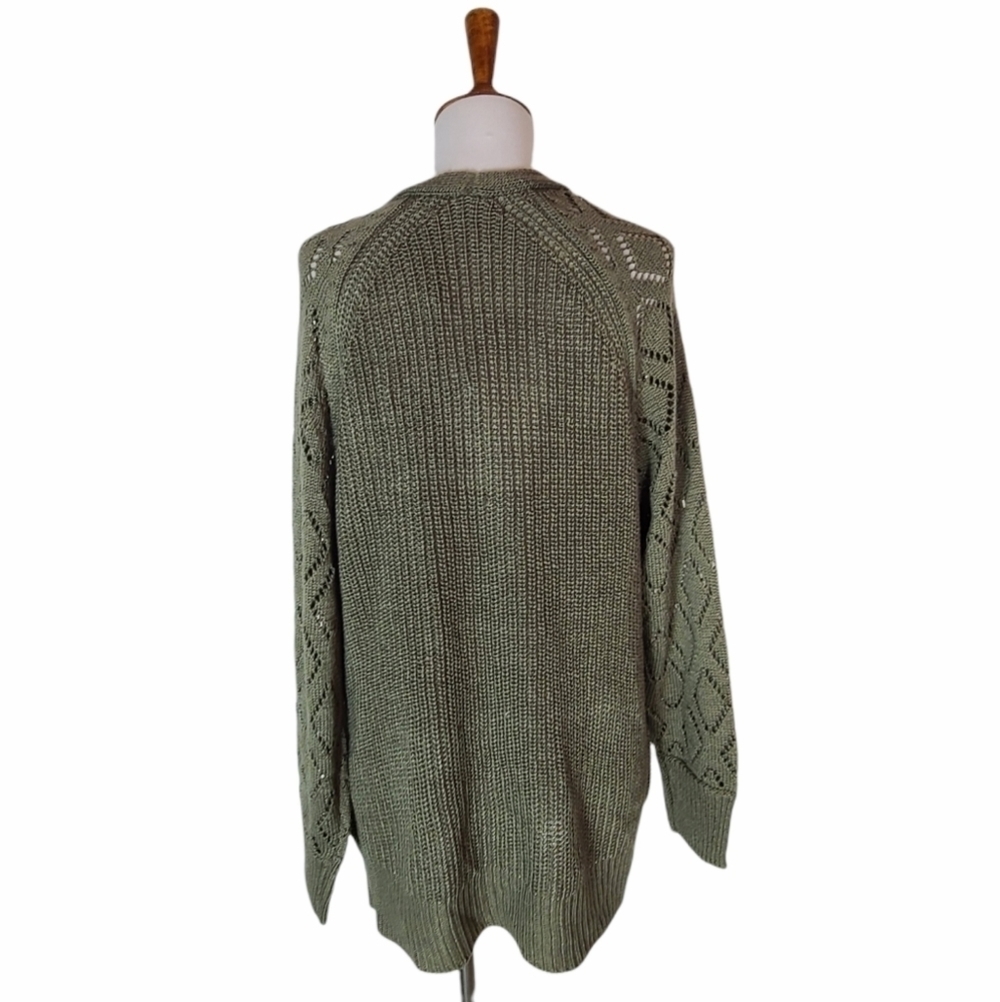 Marled Olive Green Cable Knit Open Front Cardigan Cozy Fall Boho Small NWT - Picture 3 of 9